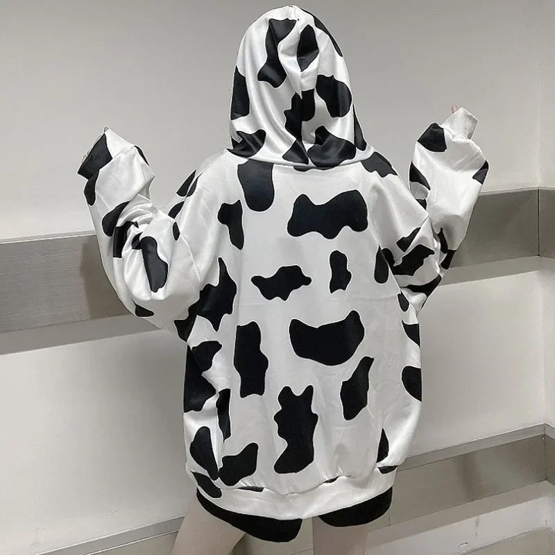 Harajuku Y2k Oversize Zipper Cow Hoodies Milk Korean Fashion Kpop Streetwear Zip Up Hooded Sweatshirt Women Autumn New