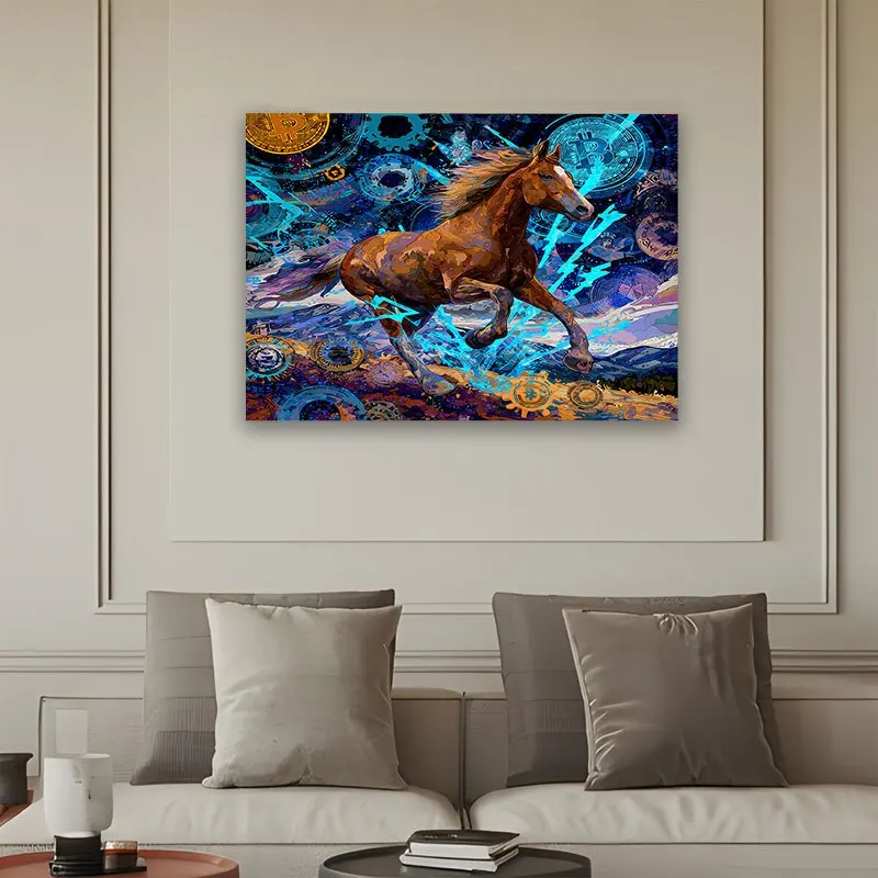 Large Crypto Bitcoin Horse Tapestry Wall Art Digital Cyberpunk Stallion Neon Tech Wall Hanging 150x300cm