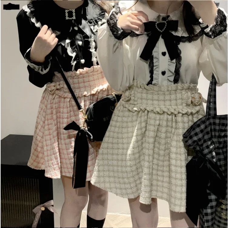 Blouse Women Japanese Sweet Lace Patchwork Long Sleeve Harajuku Camisas Jk Bow Ruffle Shirt Kawaii Blusa Femme