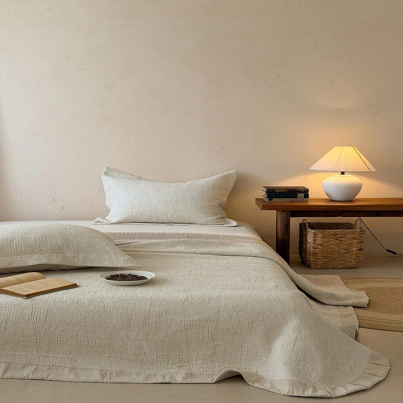 Luxury Cotton Linen Jacquard Bedspread 3-Piece Set, Enzyme Washed Soft Breathable Bed Cover, All-Season Lightweight Quilt
