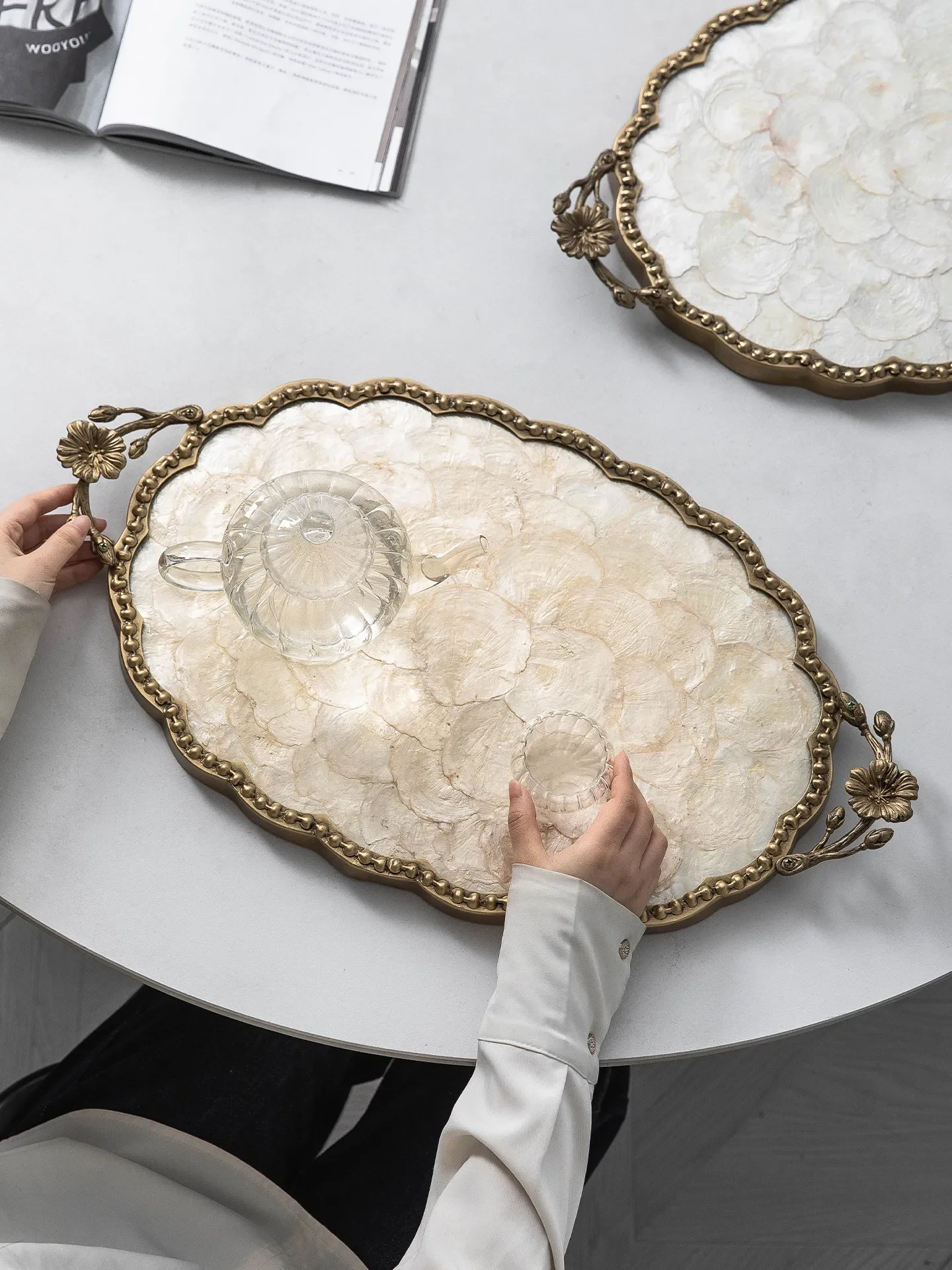 Large Vintage Mother of Pearl Tray with Gold Metal Floral Handle Decorative Serving Tray for Coffee Table Unique Gift