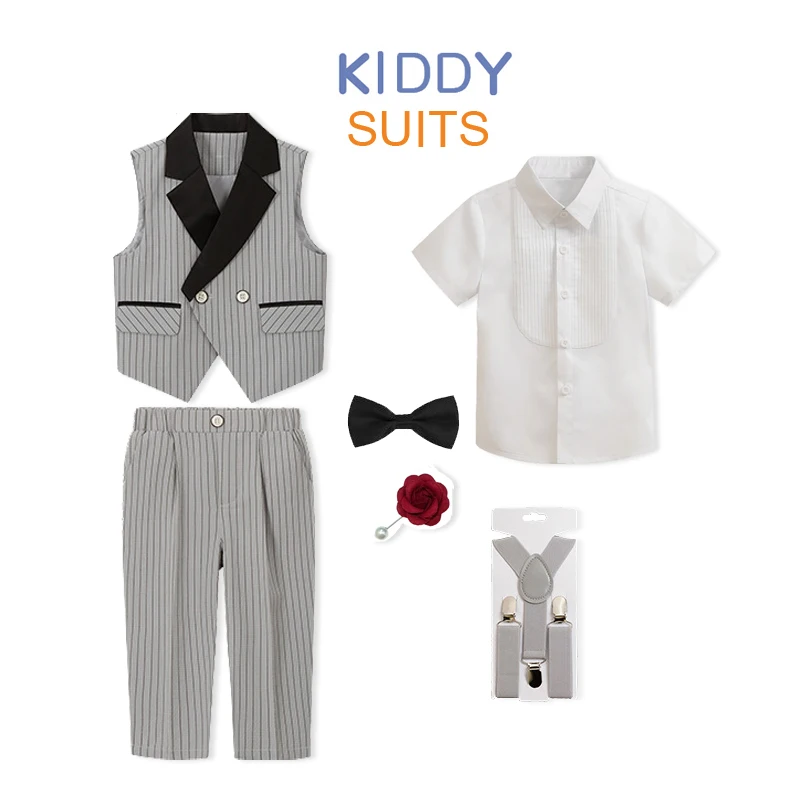 

Children's Formal Vest Suit Set Summer Short Sleeve Floral Boys Wedding Outfit Stripe Kids Performance Costume Host Clothes