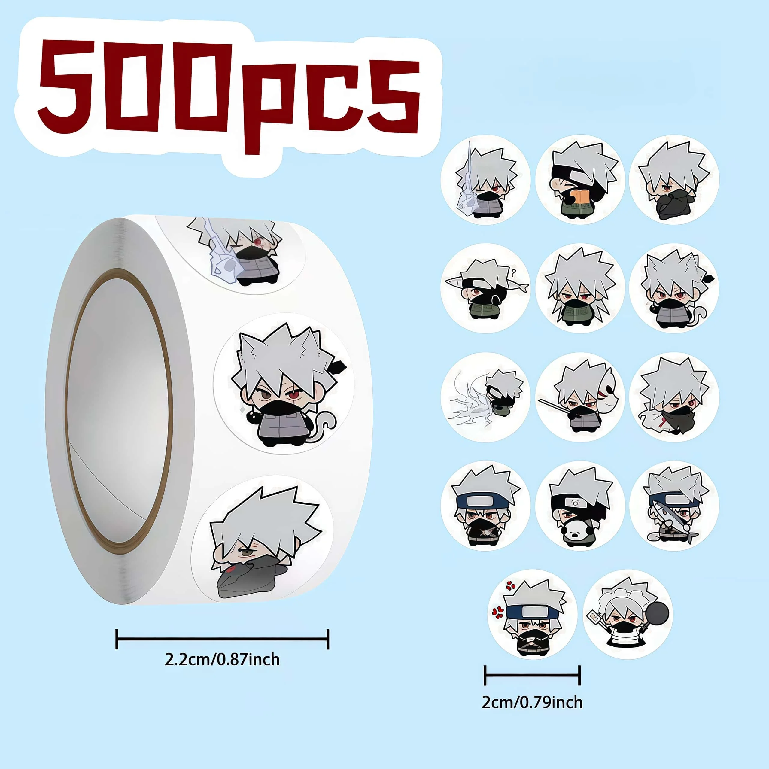 500Pcs Naruto Kakashi Hatake Chibi Sticker Roll, Cute Multi‑Pose Anime Character Decals for DIY, Journaling & Gift Decor