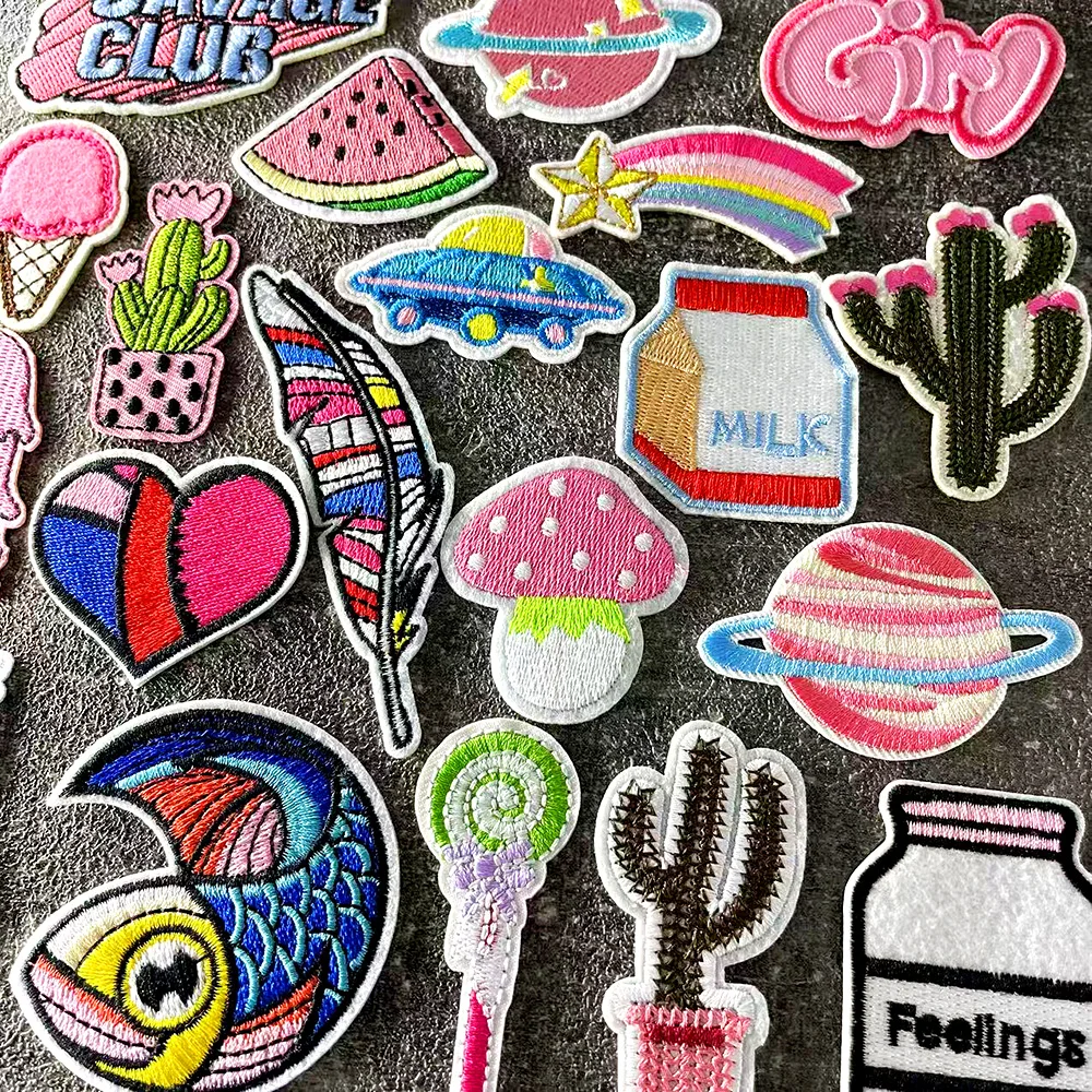 Pink Girl UFO Fish Iron on Patches Clothe Embroidery Applique Sewing Supplies Decorative HANDMADE Badges Patch for clothing