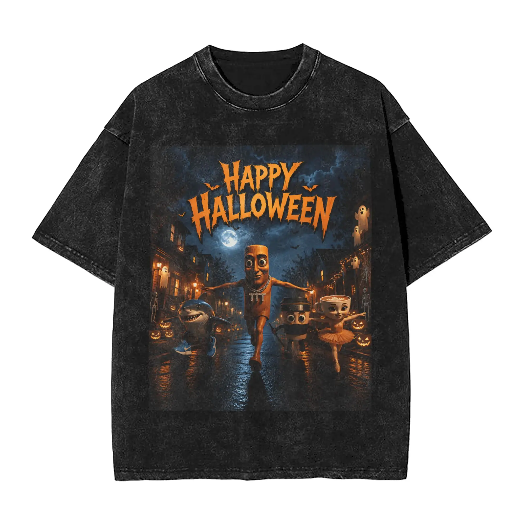 Halloween Night Brainrot Meme Tung Sahur Friend Neighborhood Men T Shirt Washed Vintage Tees Short Sleeve Round Collar T-Shirt