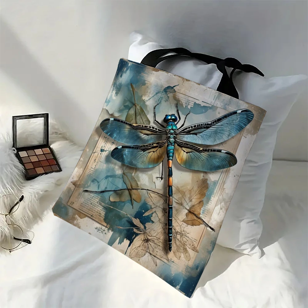 Dragonfly Art Tote Bag Large Capacity Shoulder Bag, Reusable Shopping Bag with Coin Purse Printed Linen Fabric