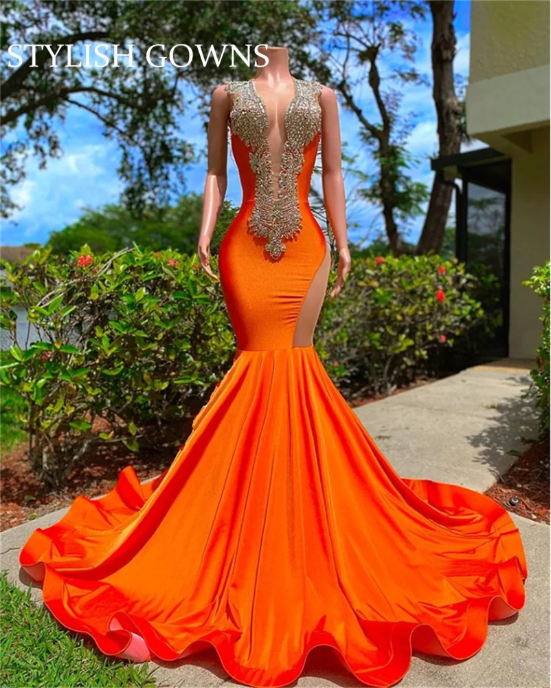 Orange O Neck Long Prom Dress For Black Girls 2025 Beaded Crystal Birthday Party Dresses Rhinestone Evening Gowns Mermaid