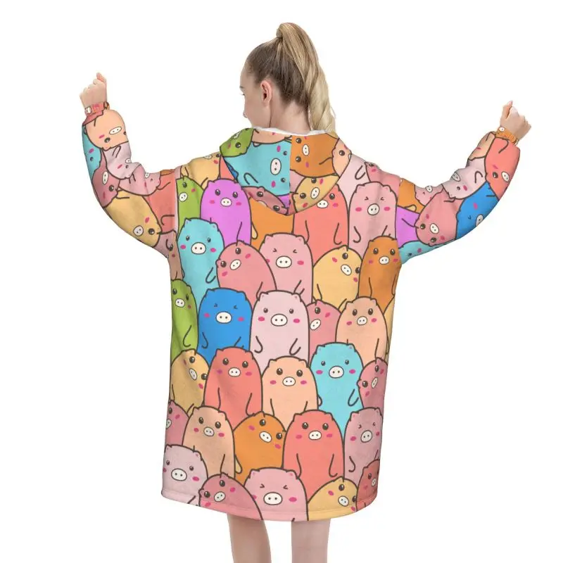 Cute Colorful Cartoon Pig Blanket Hoodie Cute Women Wearable Sweatshirts Pullover Winter Soft Warm Fleece Hooded Blanket