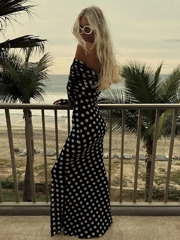 Fashion Women Full Sleeve Off Shoulder Polka Dot Maxi Dress Sexy Backless Elegant Slim Vestdios 2025 Spring Chic Beach Robes ﻿