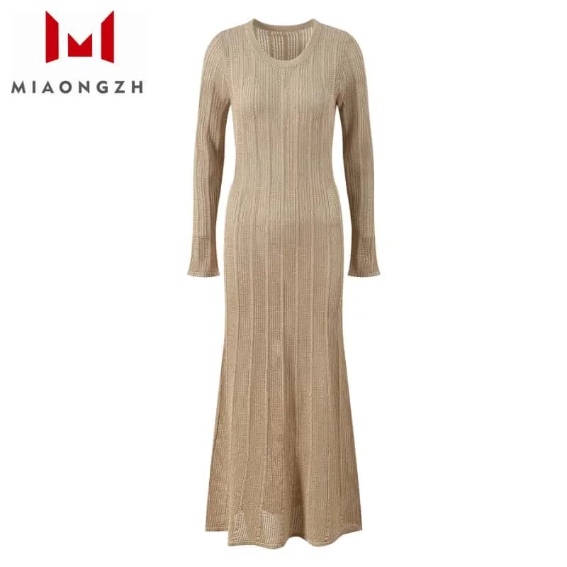 

Solid Color For Women Knitted Hollow Slim Dress For Women O Neck Long Sleeve Temperament Elegant Ladies 2025 Spring New Dresses