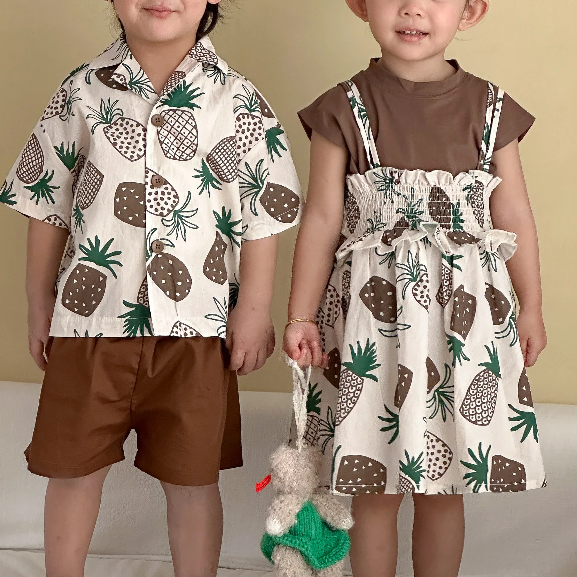 1-8 Y Kids Girls Clothing Set Brother And Sisters Clothes Suit Fruit Print Tee And Shorts Pcs Clothes Suit Kids Vacation Clothes