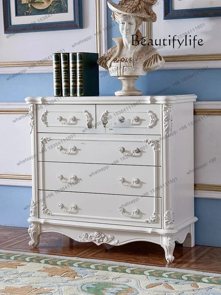 

European Style Chest of Drawers White Luxury Solid Wood Chest of Drawers Living Room Storage Drawer Storage Cabinet