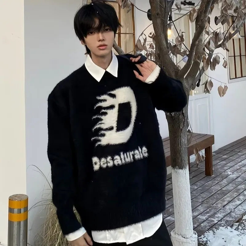 سترة محبوكة دافئة وفضفاضة للرجال، أنيقة لفصلي الخريف والشتاء، إصدار جديد من ألياف البوليستر الناعمة بأكمام طويلة وياقة مستديرة