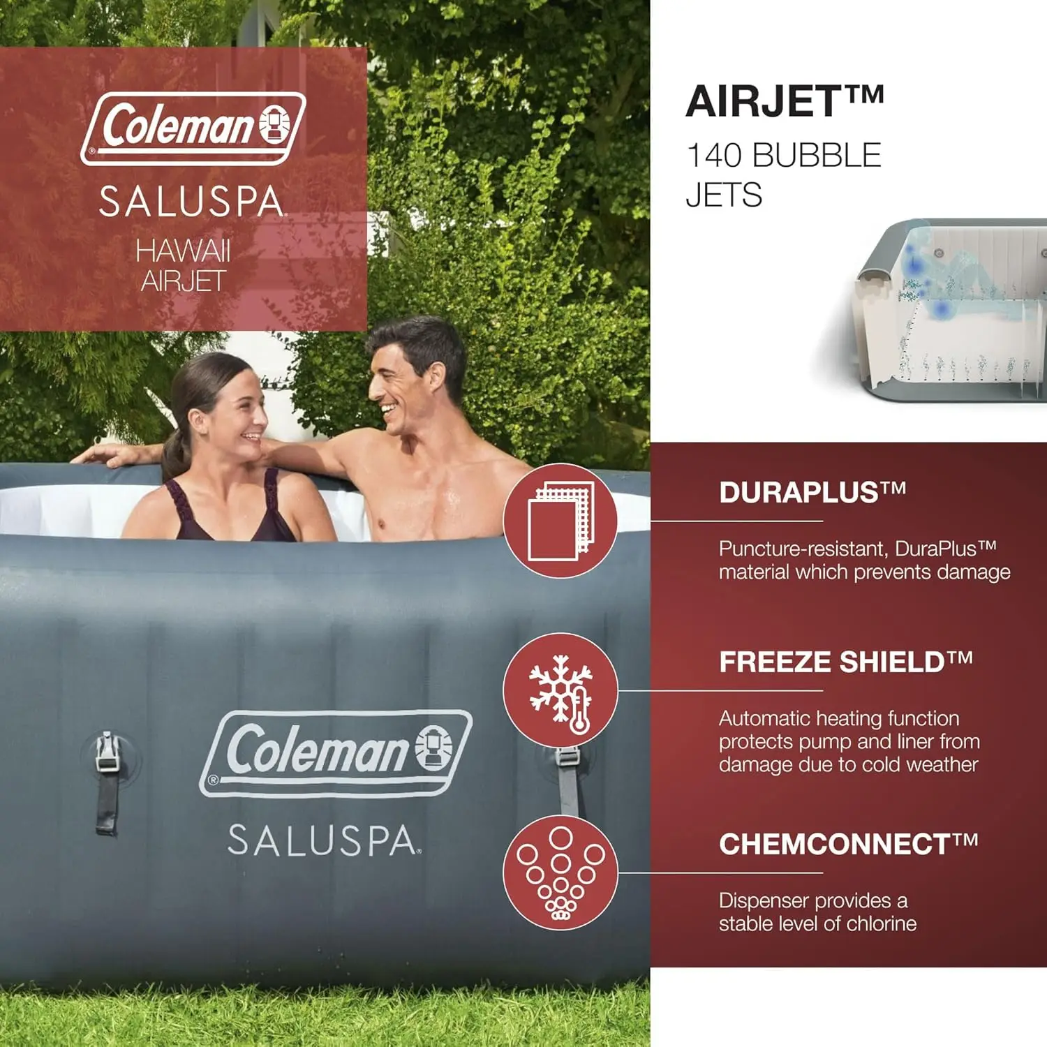 

Coleman SaluSpa AirJet на 4-6 человек, надувная гидромассажная Ванна, квадратная, с 114 успокаивающими воздушными форсунками и изолированной крышкой