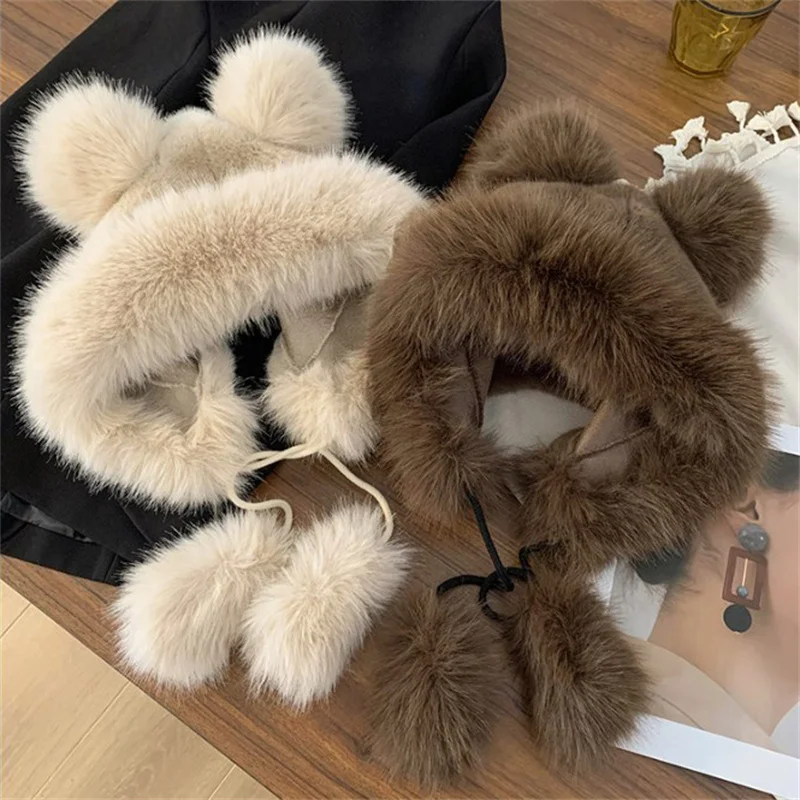 Cute Bear Ear Plush Hats For Women Girls Fluffy Thicken Imitation Mink Hair Ear Protection Bomber Hats Outdoor Warmer Caps