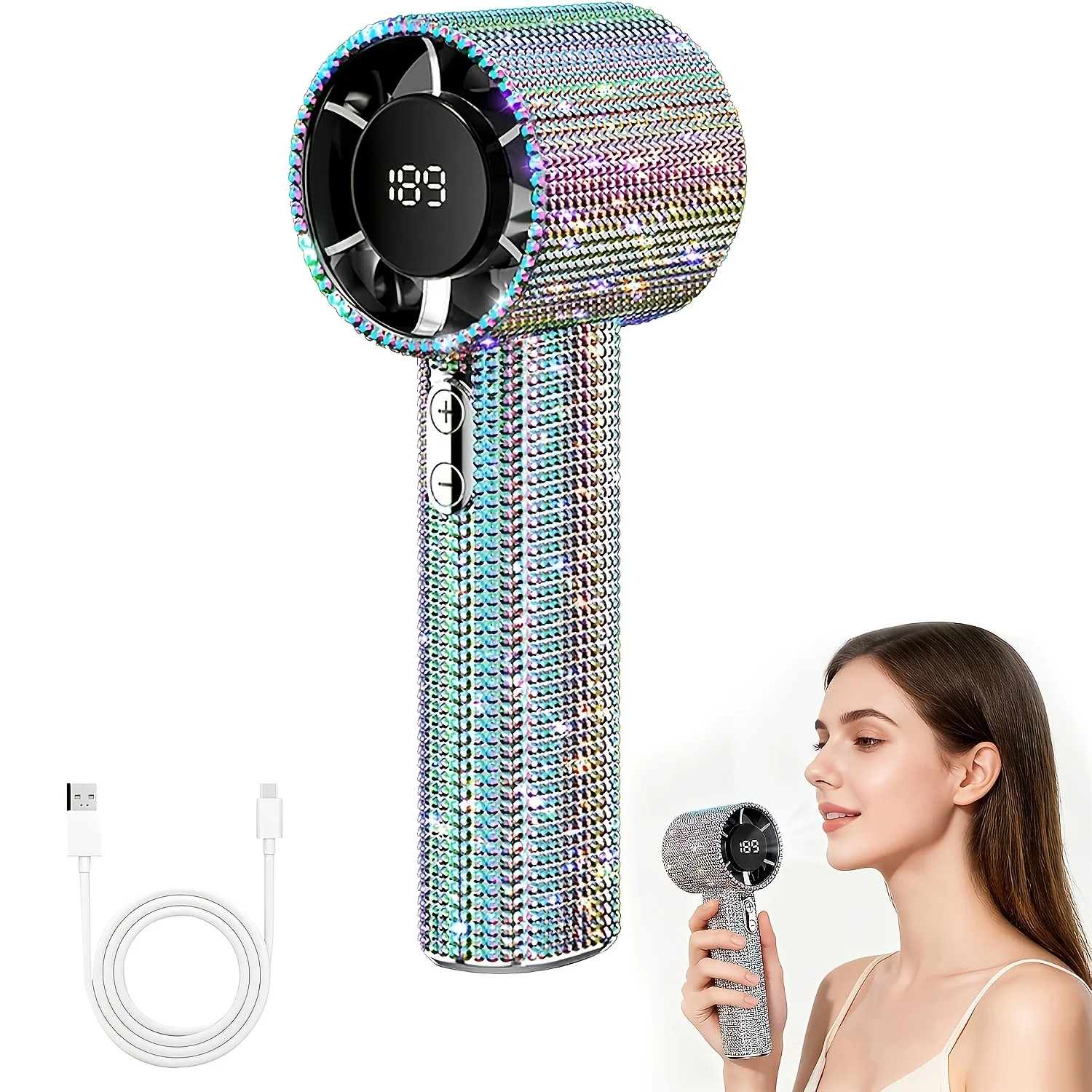 1PCS Deluxe Full Drill Portable Handheld USB Fan, Rechargeable, 189 Speed Adjustable Cooling Fan, with High Definition Digital