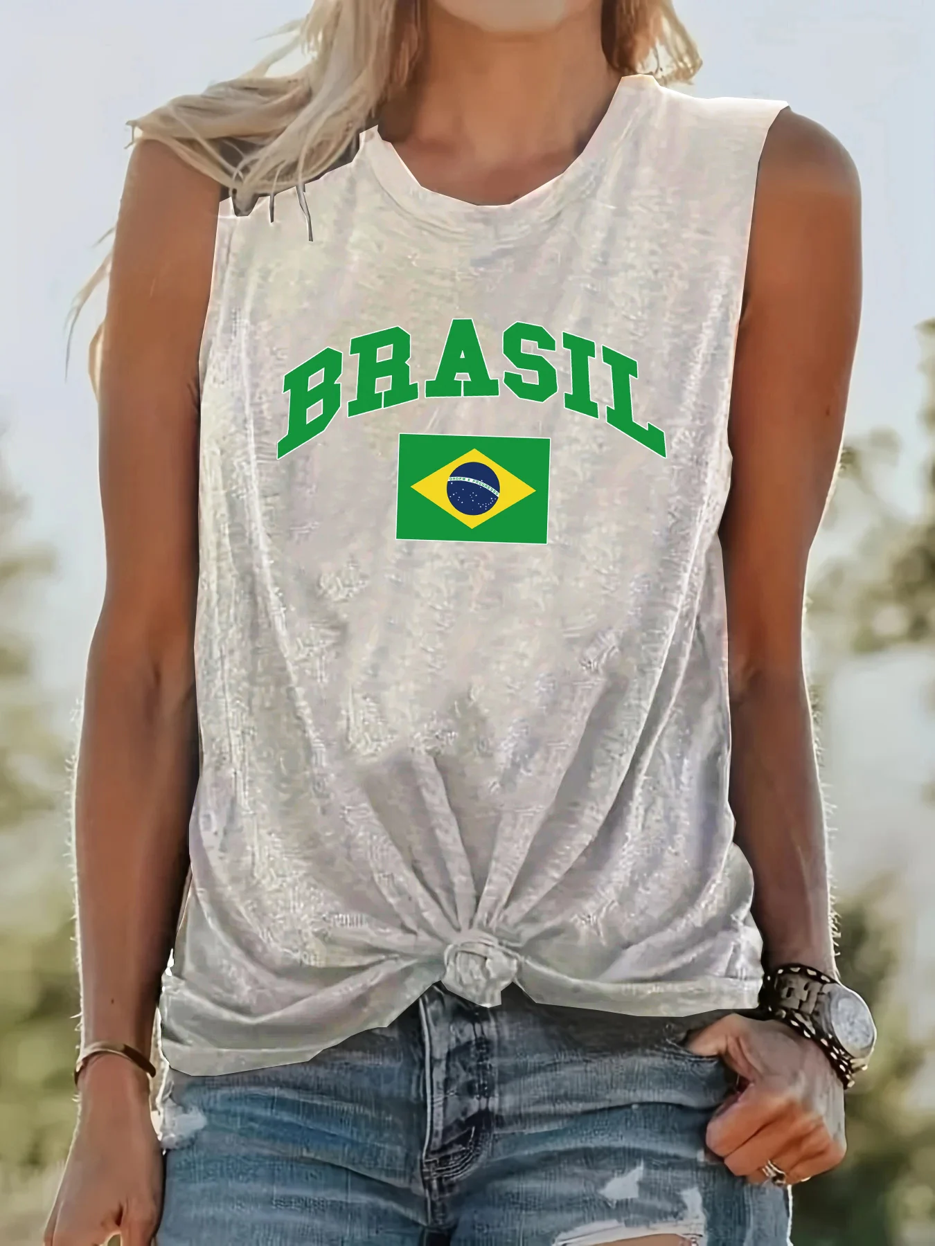 Women\'s Summer BRASIL Pattern Print Large Casual Round Neck Sleeveless Loose Tank Top T-shirt