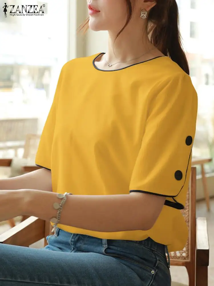 ZANZEA Elegant Simple Women Blouse Korean Office Basic Tops 2024 Summer Casual Blusas Fashion Vintage Buttons Short Sleeve Shirt