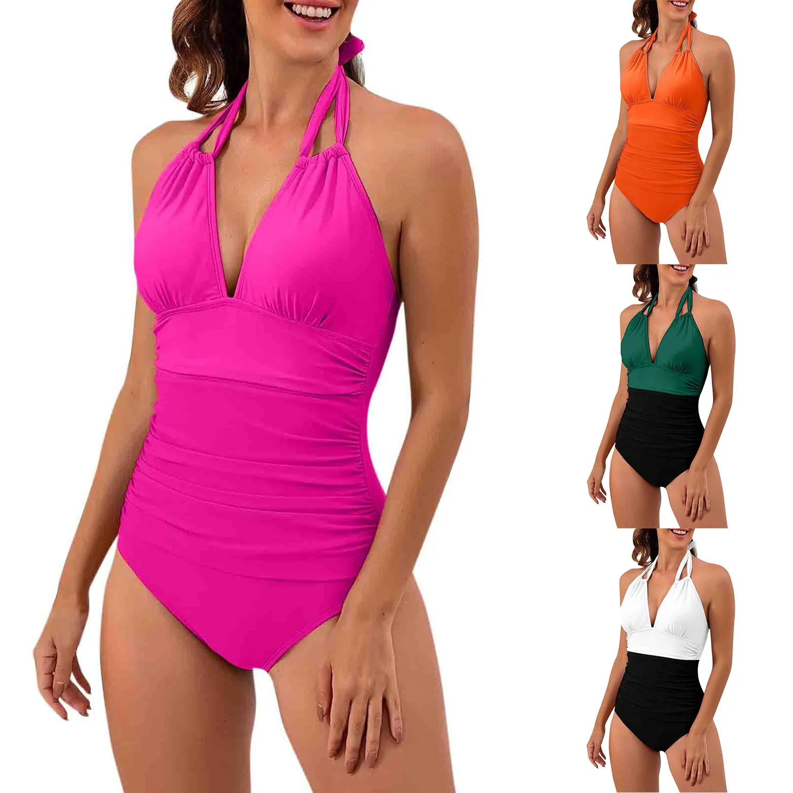 Dames Sexy Eendelig Badpak Solide Gesplitst Halter Nek Vastgebonden Hoge Taille Bikini Diep V-Plooien Slim Fit Badmode Uit Één Stuk