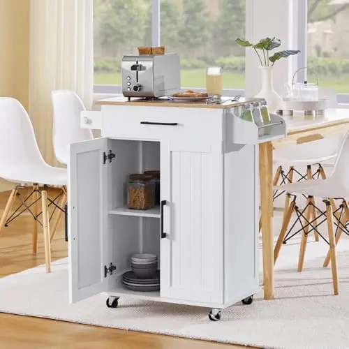 Kitchen Cart with Bamboo Tabletop, 32" Width Rolling Kitchen Island with Drawer and Adjustable Shelf, Storage Cabinet