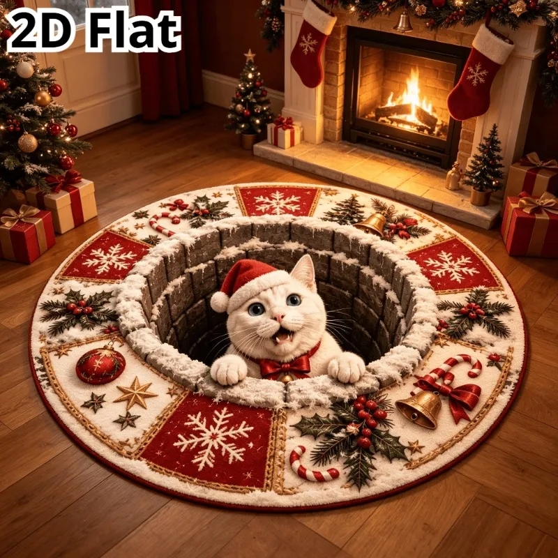 Flannel Circular Mat 2D Flat 3D Illusion Cat Brick Well Rug Soft Warm Xmas Gift Hole Kitchen Counter Placement