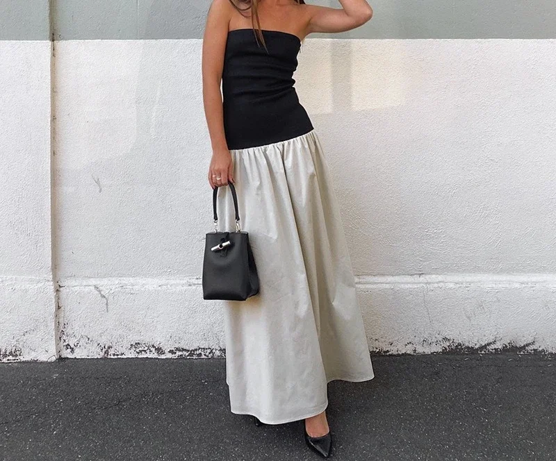 

Summer European And American New Fashionable Contrasting Color Strapless Sleeveless Dress For Women