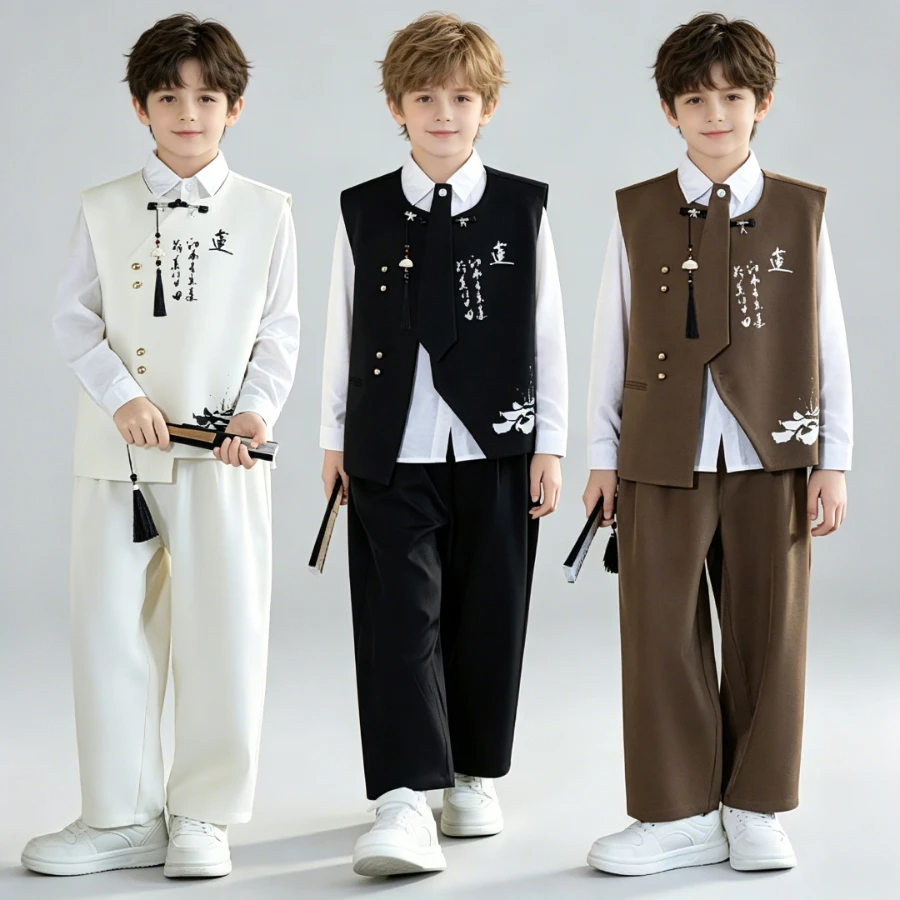 Boys Chinese Style Vest & Pants Set with Calligraphy Print Kids Tang Suit for Spring Festival Birthday Party Performance Costume