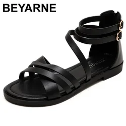 BEYARNE Summer Flip Flops Gladiator Sandals Shoes Beach Cross Sandals Woman Slip on Flats Casual Women Black Brown Shoes Plus