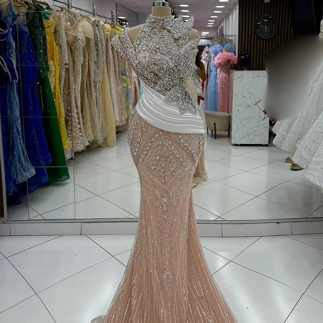Rhinestone Evening Gown White Satin Evening Gown With Patchwork Design Woman Champagne Dresses Sexy Off-Shoulder Mermaid Dress