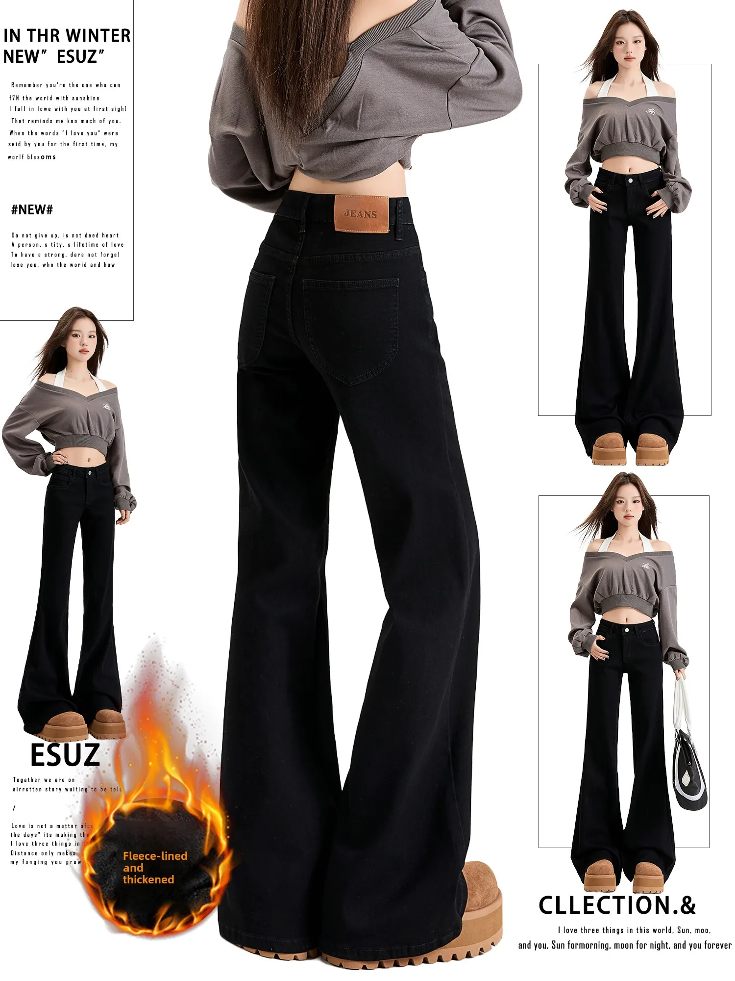 

Offcat Low Waist Flared Jeans Women's Autumn Winter New Loose Fit Wide Leg Denim Pants Fleece Lined Casual Style Pocket Detail