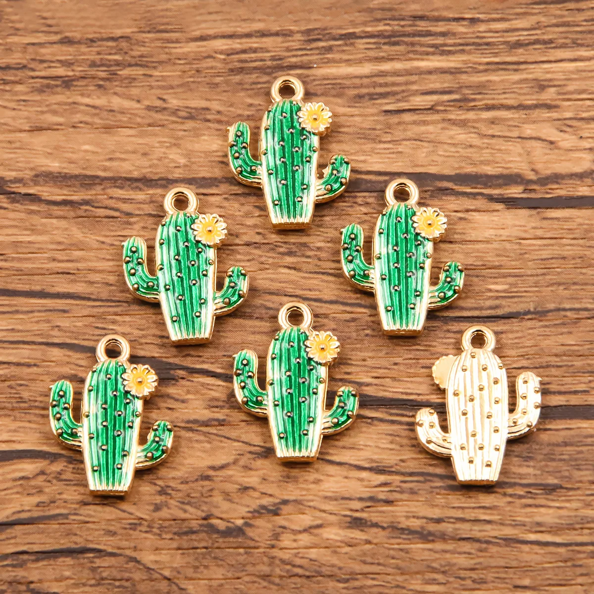 10PCS 15*19mm Wholesale Metal Green Cactus Charms Drip Oil KC Gold Plant Pendant For Jewelry Making DIY Handmade Craft