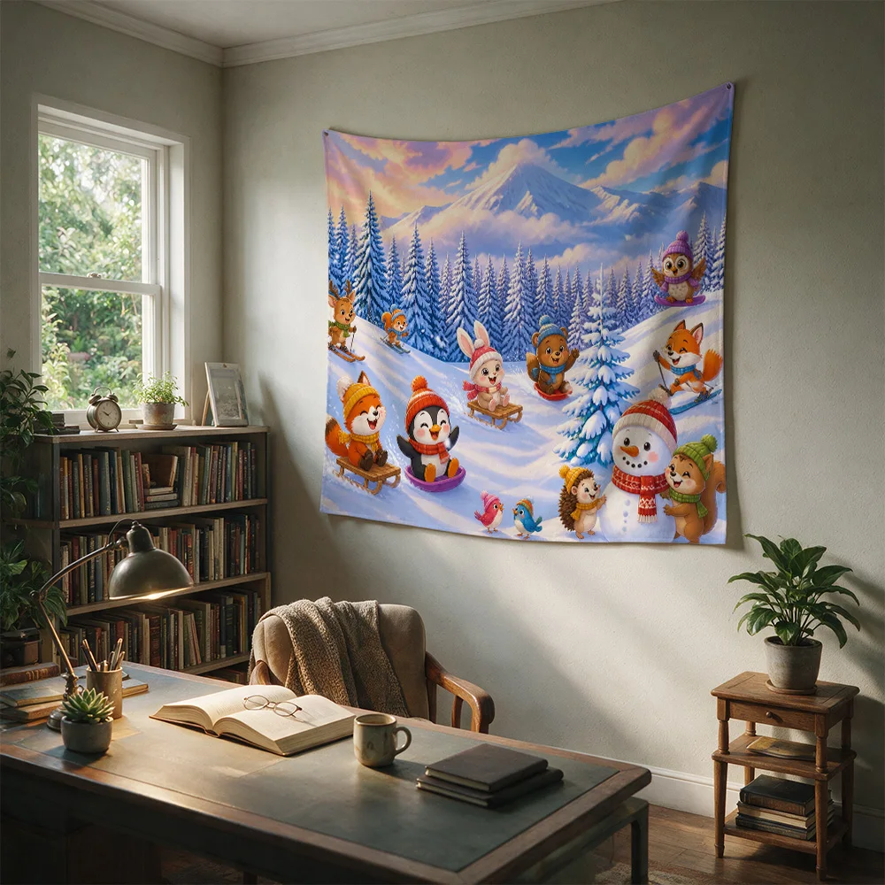 Cute Winter Scene Kids Nursery Wall Hanging Tapestry Snow Forest Animals Cartoon Decor for Baby Room