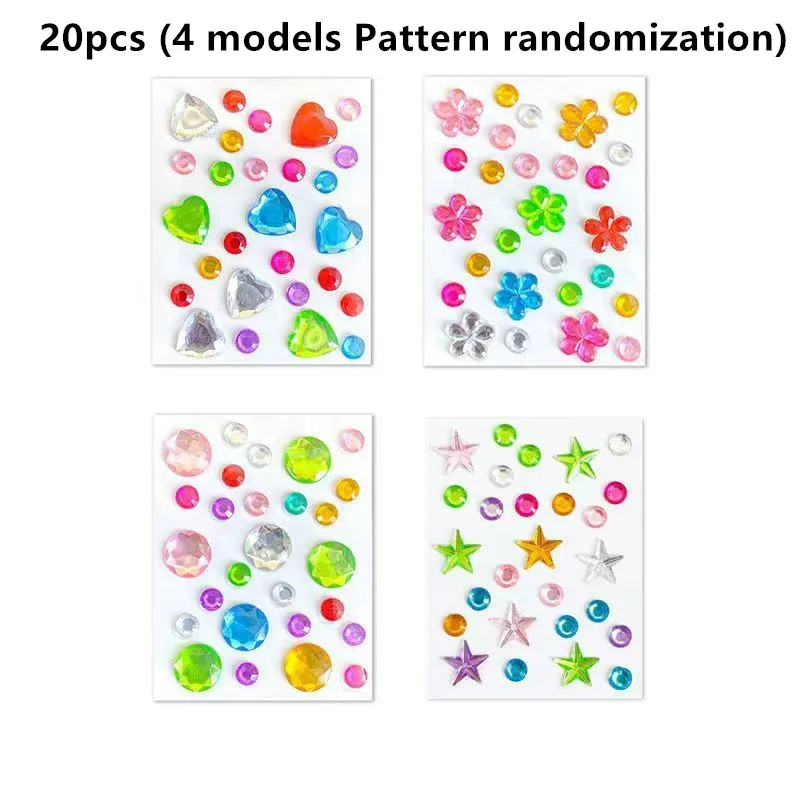 20pcs random 4 styles 3d gem stickers kids self-adhesive acrylic rhinestone heart star flower diy decor stickers
