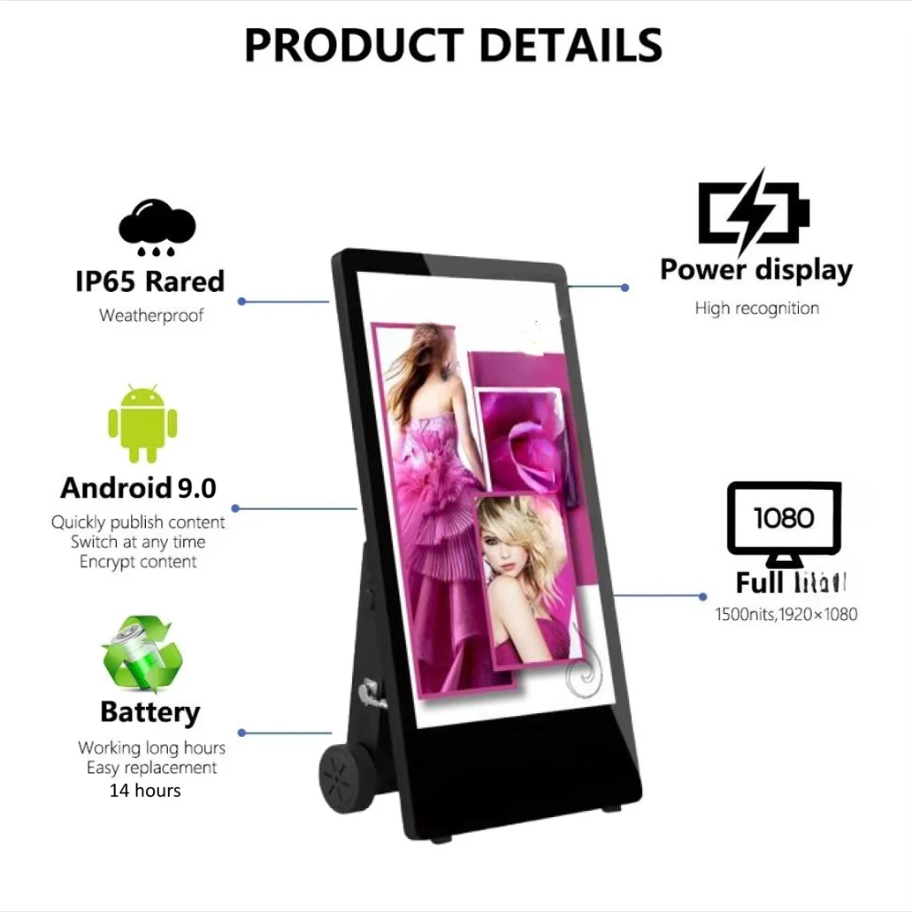 Outdoor Kiosk High Brightness IP65 Waterproof Floor Standing Battery Powered Movable Advertising Media Player Screen