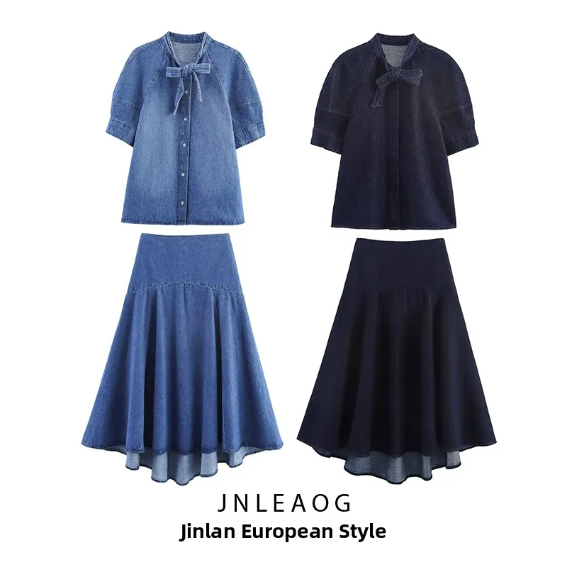 

Fall New Arrival Women's Faion Knot Decorated Denim irt Series Midi Skirt Two-Piece Set ort Sve Polyester ...