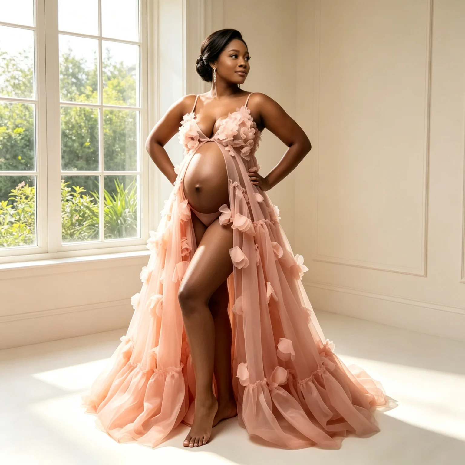 Elegant Three-dimensional Floral Pregnant Mother Photo Taking Formal Dress Tulle Robes Family Portrait  Petal Maternity Dresses