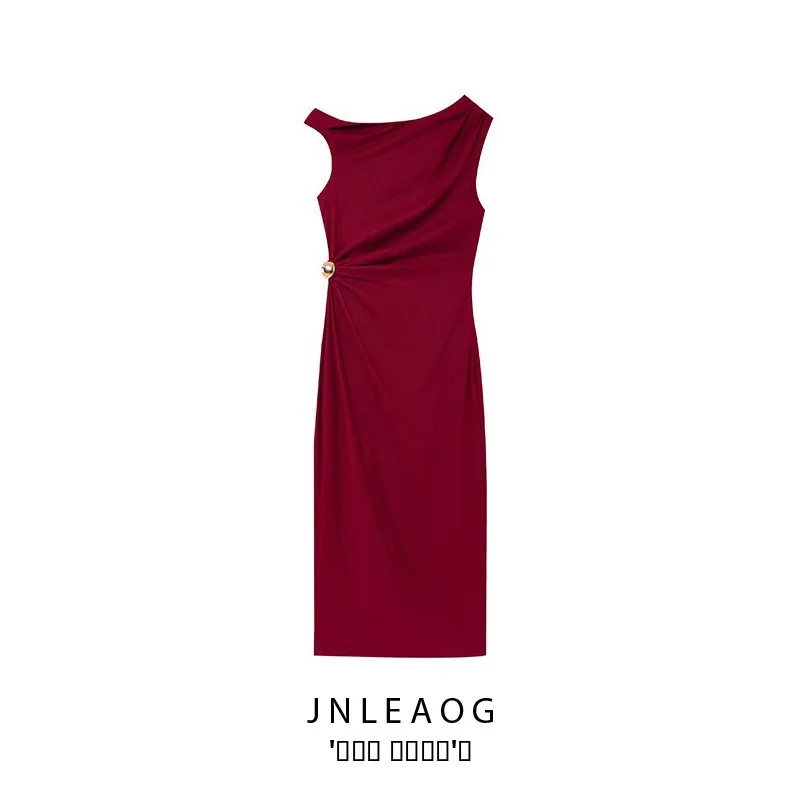 JNLEAOG primavera nueva mujer Sle mezcla de lino plisado Midi Dr Ele Color puro cintura una fibra de poliéster verano Mujer...