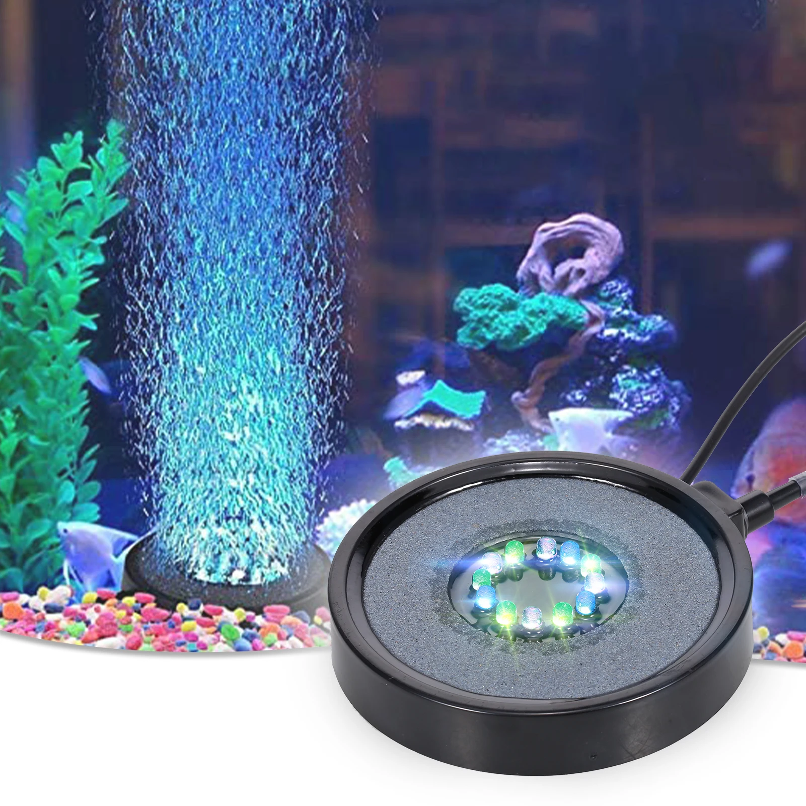 Aquarium Bubbler Aquarium Light Aquarium Air Stone Disk Round Fish Tank Bubbler with Auto Color Changing LED