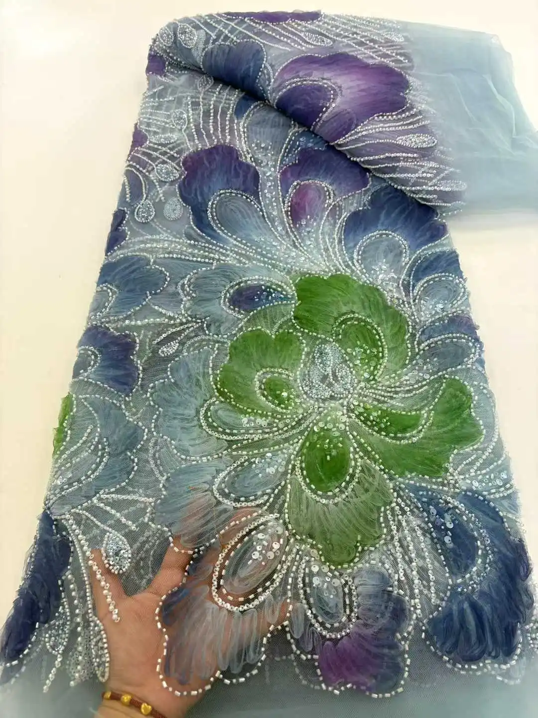 African Fabric Fashion 2025 Hot Sale 3D Embroidery Sequins Lace with Beads Rich Nigerian Fabric for Evening Party Dress CC1729