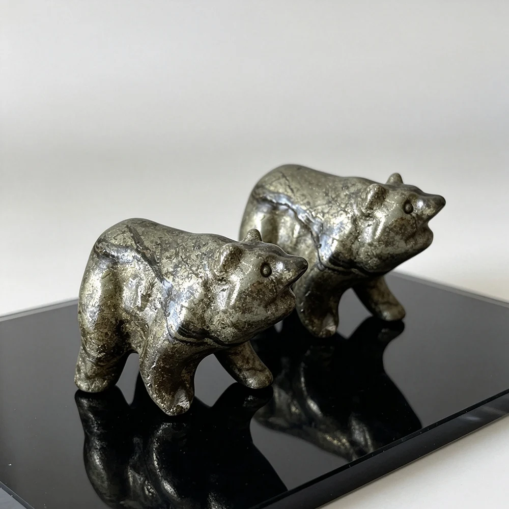 Hand Carved Natural Pyrite Bear Figurine Fool's Gold Polished Crystal Stone Table Ornament Spiritual Collectible Gift