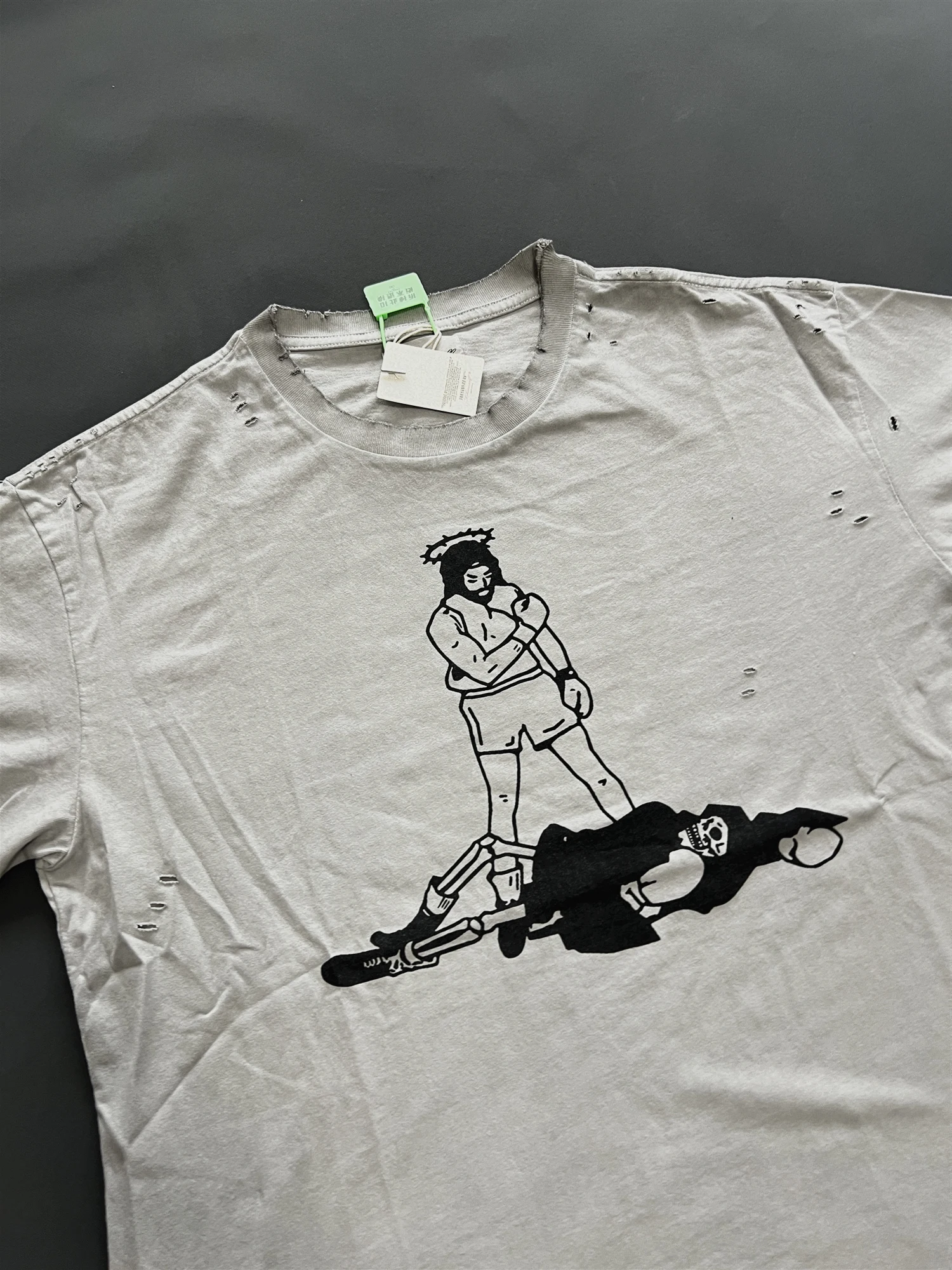 CHOOOSELF 26SS Washed Make Old Damaged Split Hem Hip Hop Print Outdoor Punk Style Tops Hole Tee T-Shirt for Men Clothing