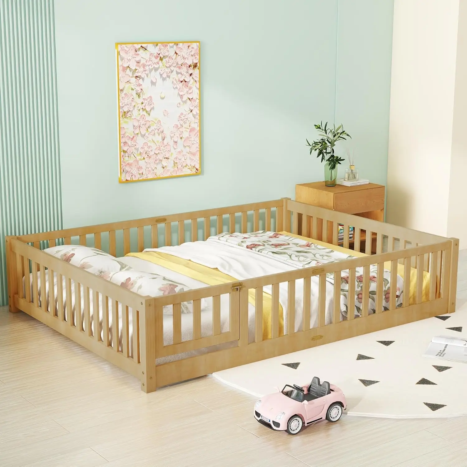 Bellemave Queen Size Floor Bed With Door,Kids Montessori Floor Bed With Slats And Fence,Solid Wood Queen Bed Frame For Girls