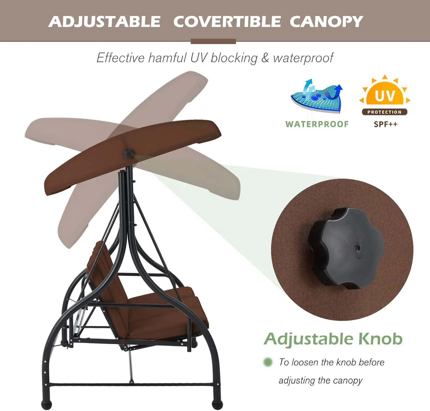 Swing Chair, 3 Seats Porch swing Adjustable Backrest & Canopy Outdoor with Stand Patio Swing Bed