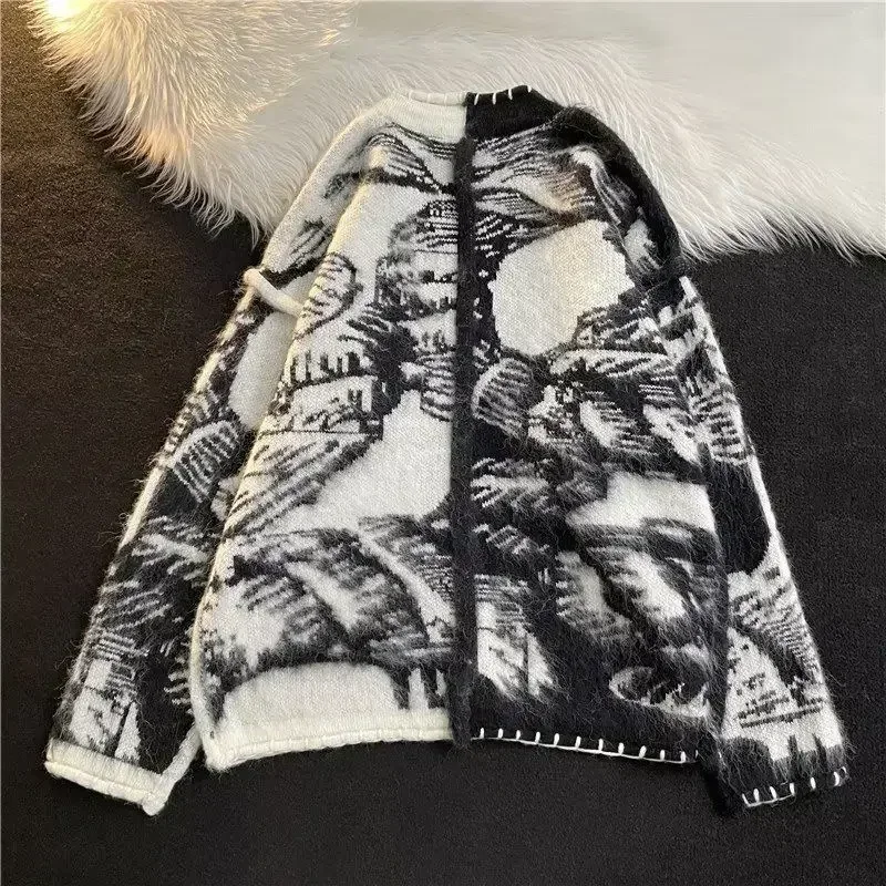 Man Clothes Black Y2k Vintage Tie Dye Knitted Sweaters for Men Cardigan V Neck Aesthetic with Pockets Maletry A Winter 2024 Fun