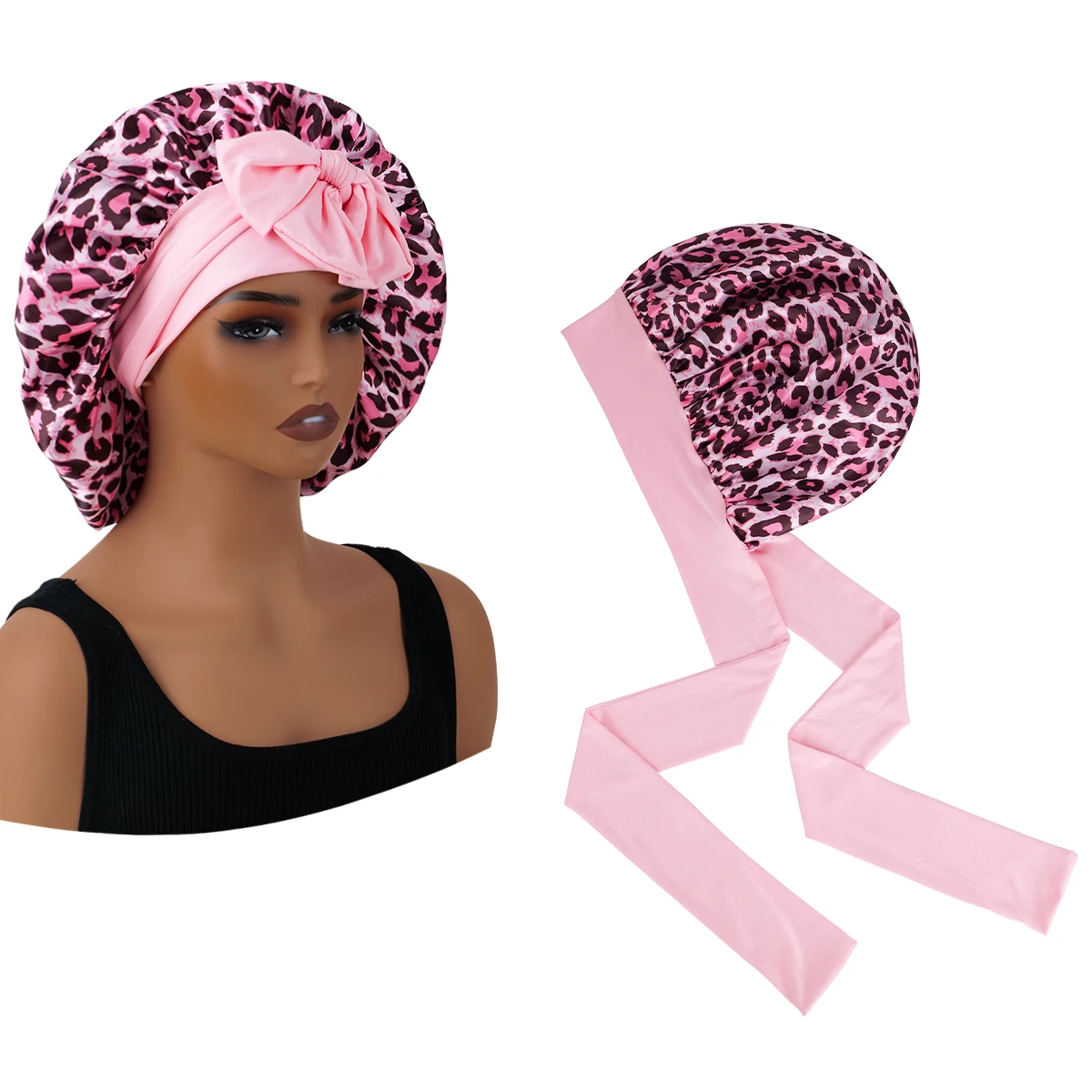 High-Quality Silk Touch Long Adjustable Strap Sleep Cap with Premium Leopard Print Or Solid Color Design