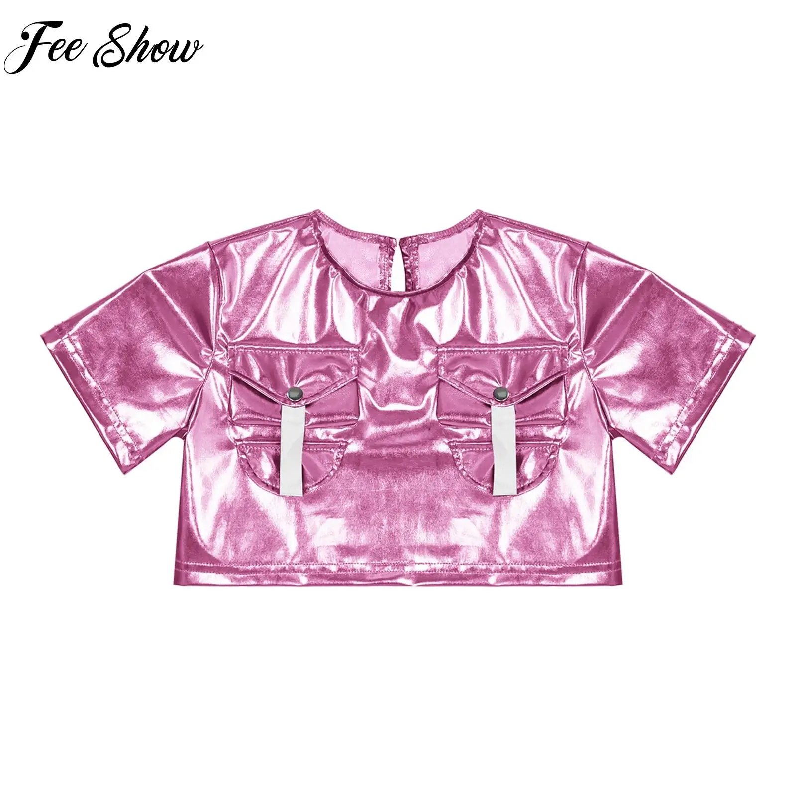 Kids Girls Metallic Crop Top Short Sleeve Round Neck Shiny Tops with Flap Pockets for Hip-hop Dance Party Stage Performance