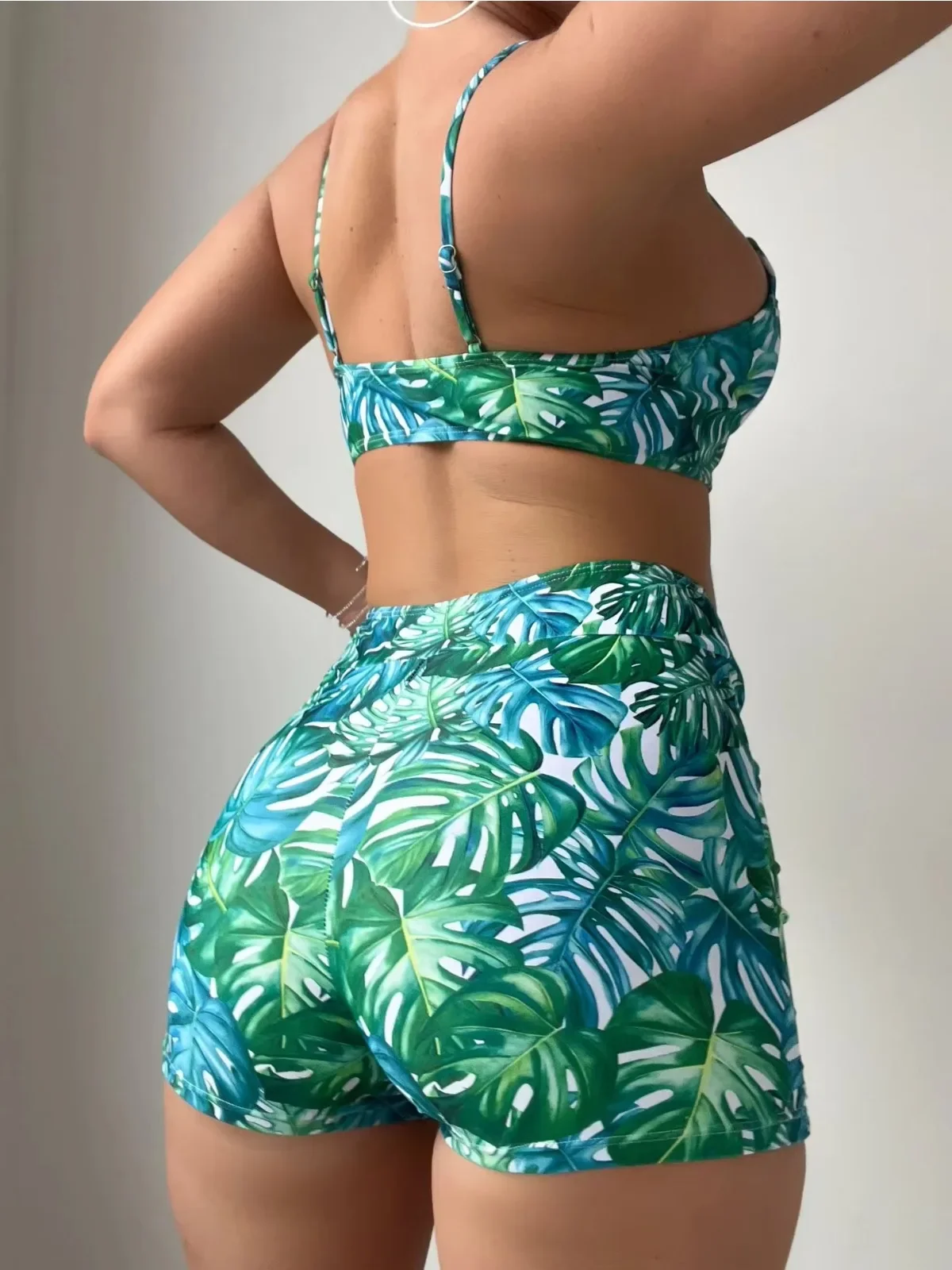 Green Leaf Print 2 Piece Swimsuit Women,2024 High Waist Bikini Tankini,summer Beach Vacation U-neck Suspender Backless Swimwear
