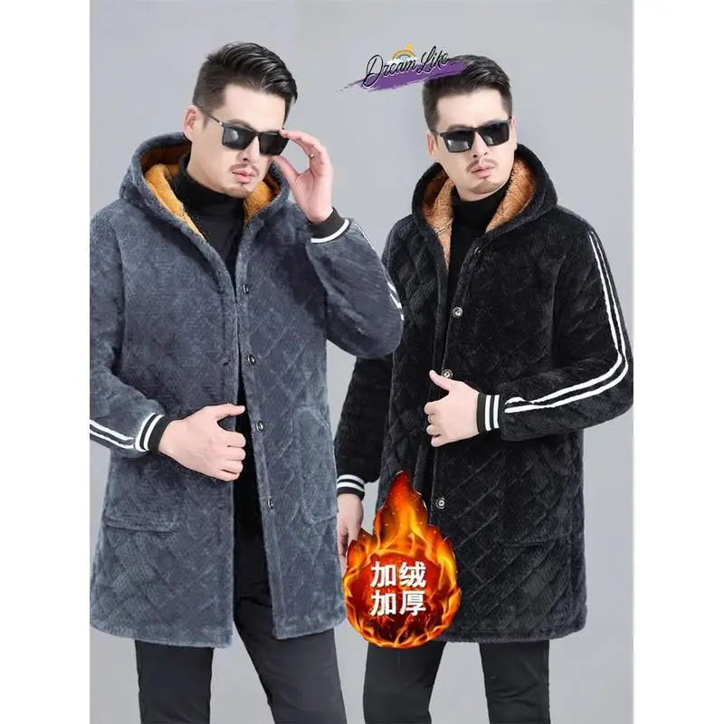 Thickened Fleece Lined Men's Cotton Jacket Warm Coverall Workwear Cotton Padded Long Coat Large Size Winter Outerwear