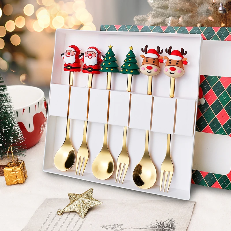 

Christmas Gift Stainless Steel Spoon Fork Elk Christmas Tree Decoration Dessert Cake Scoop Fruit Fork Coffee Spoon Tableware Set