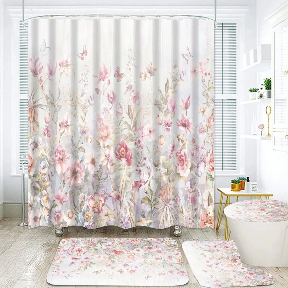 Flowers Bathroom Shower Curtain Set Waterproof Polyester Flower Bath Curtains Non-Slip Bath Mat Rugs Carpet Toilet Cover Decor